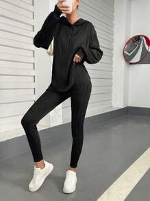 SHEIN Essnce Solid Drop Shoulder Hoodie & Leggings - Black - View 4