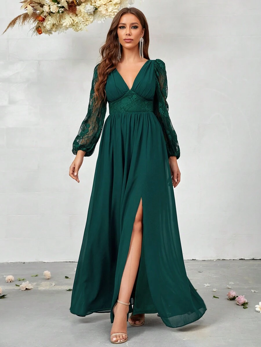 SHEIN Belle Contrast Lace Lantern Sleeve Split Thigh Chiffon Formal Dress - Green - View 1