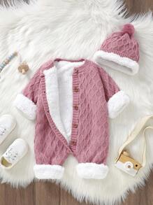 SHEIN Girls Baby Button Through Thermal Knit Jumpsuit With Hat - Pink - View 3