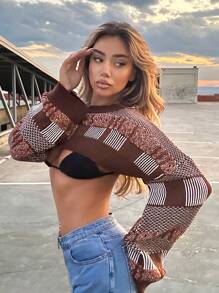 SHEIN ICON Phương Tây Sọc & Mẫu Geo Siêu crop Áo len Không có áo ngực - Nhiều màu - Xem 4