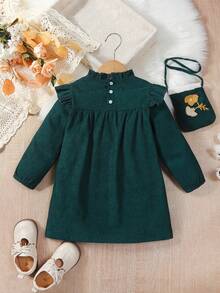 SHEIN Young Girl Floral Embroidery Ruffle Trim Dress With Bag - Navy Blue - View 2