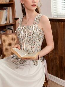 SHEIN MOD Ditsy Floral Print Lace Up Front Tank Top - Multicolor - View 6