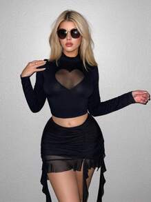 Sweetina Y2k黑色高领心形网眼拼接露脐短款T恤 - 黑色 - 查看 5