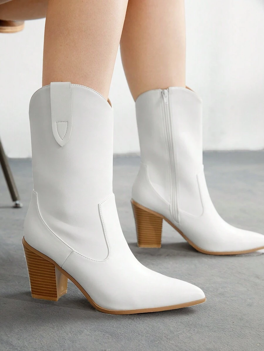 SheIn BIZ Giày Bốt Tây Màu Trắng Thời Trang Cho Nữ, Chi Tiết Khâu Mũi Giày Bốt Gót Chunky - trắng - Xem 1