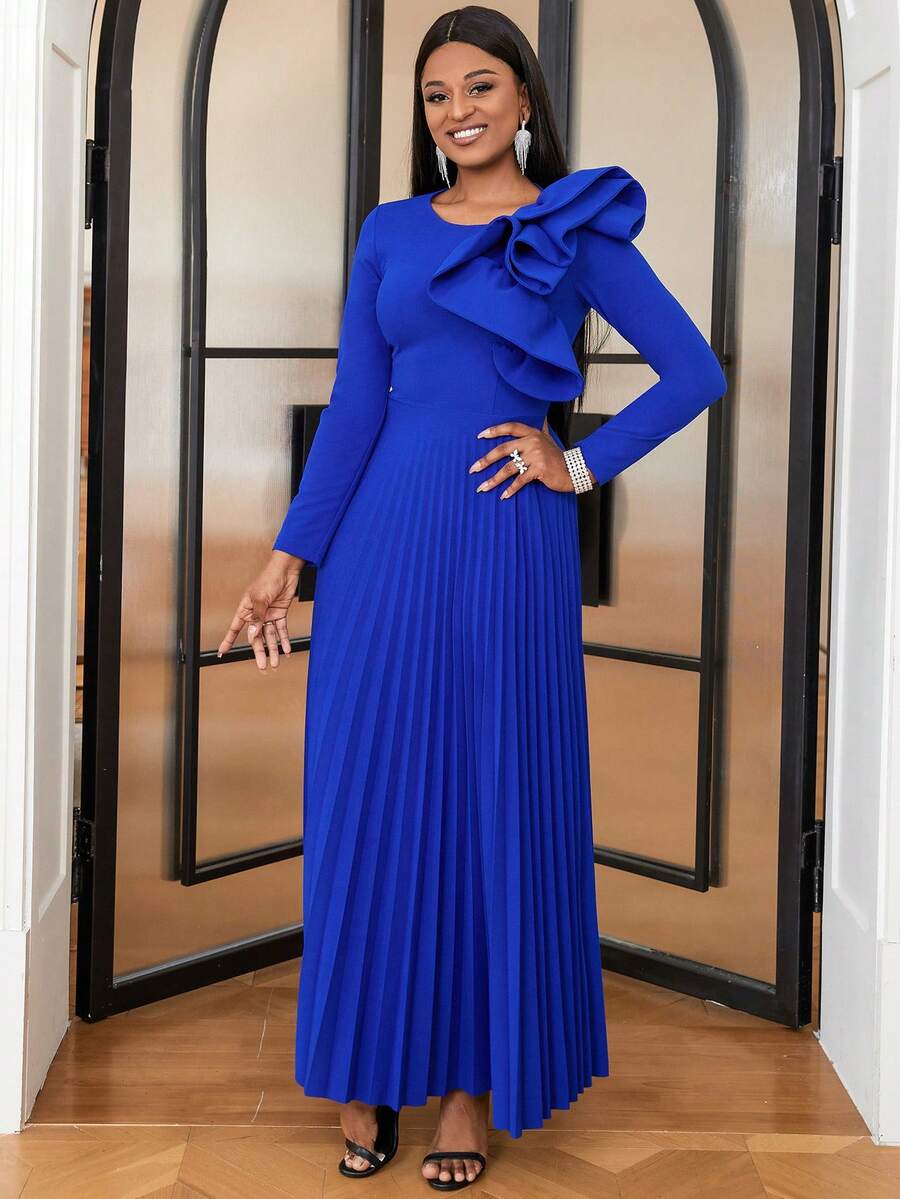 Ruffle Trim Pleated Hem Dress - Blue - View 1