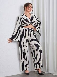 SHEIN Privé Plus Allover Print Twist Front Crop Top & Wide Leg Pants