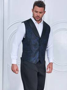 Manfinity AFTRDRK 男士大码佩斯利印花青果領馬甲 - 藍色 - 查看 7