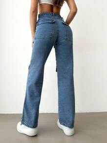 SHEIN Cottnline High Waist Flap Pocket Straight Leg Jeans - Medium Wash - View 2