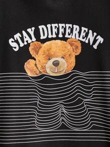 Manfinity RebelGame 男士熊和標語圖案落肩袖連帽衫 - 黑色 - 查看 4