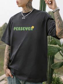 Hombres Camiseta de hombros caídos con estampado de slogan - Gris Oscuro - Ver 6