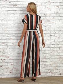 SHEIN LUNE In sọc Thắt lưng Áo liền quần ống rộng - Nhiều màu - Xem 2