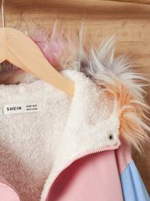 SHEIN Tween Girl Colorblock Fuzzy Trim Hooded Thermal Lined Jacket