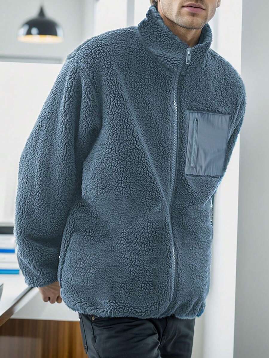 Manfinity Homme Áo khoác Teddy nam có dây kéo thả vai - Màu xanh lam - Xem 1