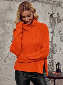 SHEIN LUNE Halloween Turtleneck Drop Shoulder Split Hem Sweater - Orange - View 5