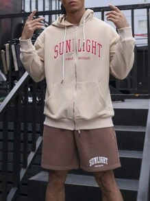 Manfinity Homme Men Letter Graphic Zip Up Drop Shoulder Drawstring Hoodie & Shorts - Multicolor - View 3