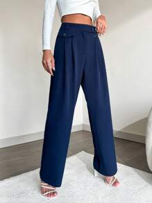 SHEIN Cottnline Navy Blue Professional Straight-Leg Business Suit Pants - Navy Blue - View 6