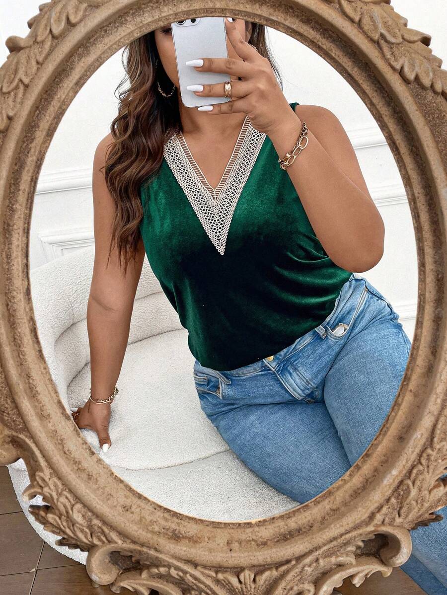 SHEIN Franclia 大碼拼接水溶蕾絲背心上衣 - 綠色 - 查看 1