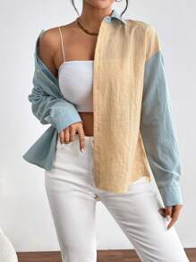 SHEIN Essnce 休閒前紐扣撞色女士襯衫 - 彩色 - 查看 5