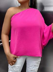 Celure Plus One Shoulder Batwing Sleeve Blouse - Hot Pink - View 3