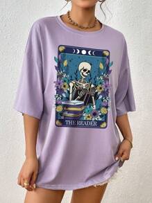 INAWLY 女士休闲宽松字母骷髅印花圆领落肩T恤 - 紫丁香色 - 查看 3