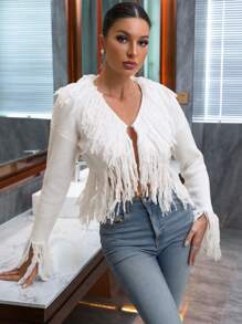 Zolique 休閒流蘇純色女士開襟衫 - 白色 - 查看 3