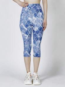 Floral Print Capri Leggings - Blue - View 3