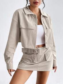 SHEIN Essnce Drop Shoulder Crop Jacket & Belted Skirt - Light Grey - View 6