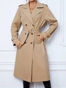 SHEIN Tall 雙排扣束帶風衣 - 卡其色 - 查看 6