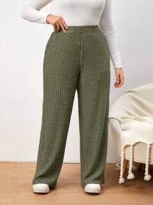 SHEIN Essnce Plus High Waist Ribbed Knit Pants - Army Green - View 1