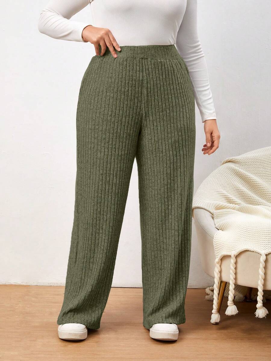 SHEIN Essnce Plus High Waist Ribbed Knit Pants - Army Green - View 1