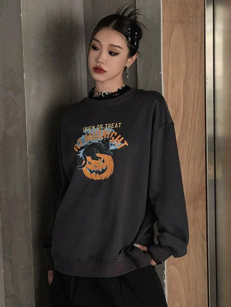 Halloween Print Drop Shoulder Sweatshirt,Fall Clothes
