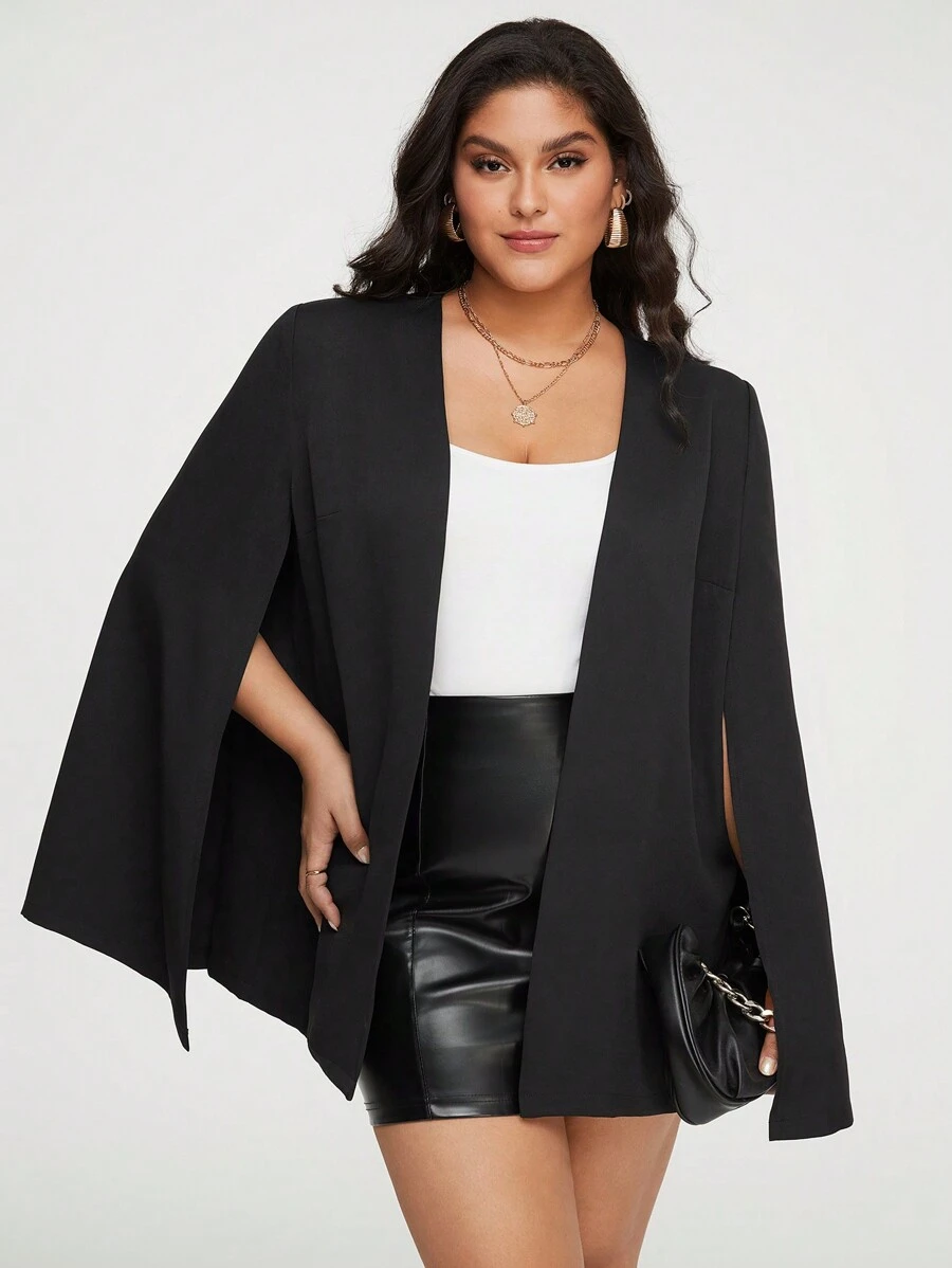 SHEIN Privé Plus Cloak Sleeve Open Front Blazer - Black - View 1