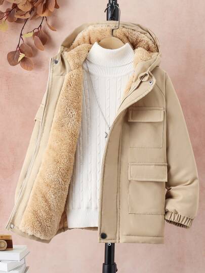 SHEIN Tween Boy 1pc Flap Pocket Teddy Lined Hooded Padded Coat