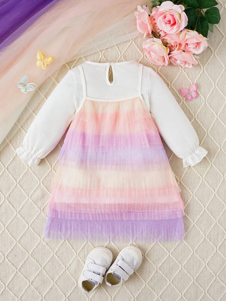 Baby Girl Ombre Flare Sleeve Mesh Overlay Dress