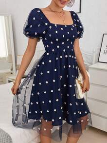 SHEIN Frenchy 印花網紗覆蓋洋裝 - 藏蓝色 - 查看 5