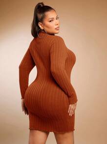 SHEIN SXY Plus Mock Neck Lettuce Trim Bodycon Dress - Rust Brown - View 2