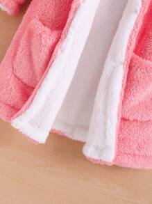SHEIN Palton de pluș cu glugă cu două buzunare pentru fetiță, fără pulover - Roz - Vizualizare 5