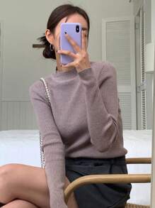 DAZY Chất rắn Cổ giả Đồ đan Ribbed Áo len - Màu Khaki - Xem 2