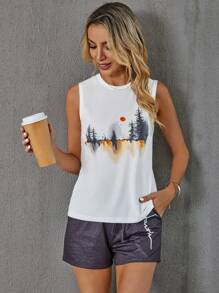 SHEIN LUNE 樹圖案背心上衣 - 白色 - 查看 5