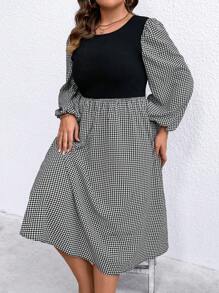 SHEIN Privé 大碼千鳥格印花後綁帶燈籠袖洋裝 - 黑色 - 查看 6