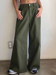DAZY Solid Wide Leg Jeans,Baggy Jeans - Army Green - View 4