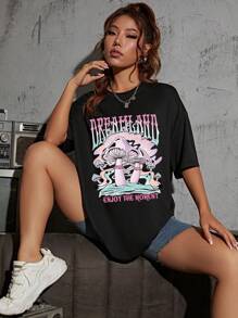 SHEIN EZwear 蘑菇&標語圖案落肩T恤 - 黑色 - 查看 4