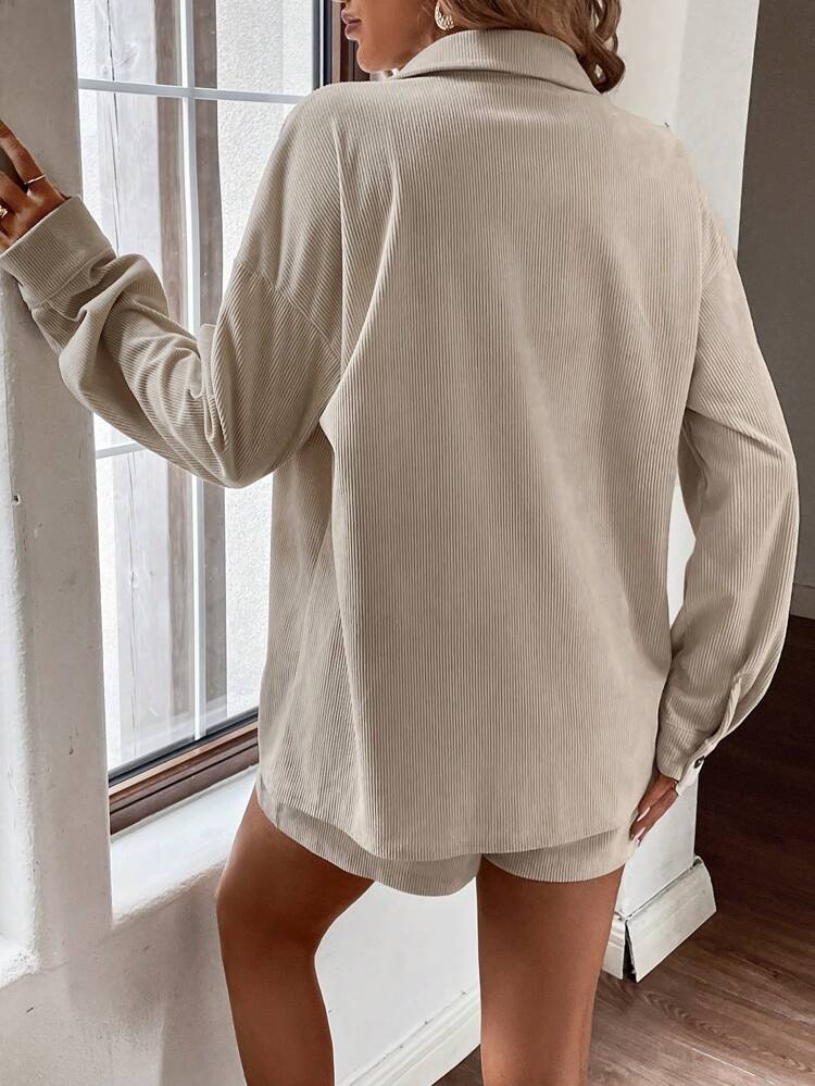 Patch Pocket Drop Shoulder Shirt & Shorts Fall Cloth For Women