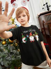 SHEIN Tween Boy 1pc Christmas Print Drop Shoulder Tee - Black - View 1