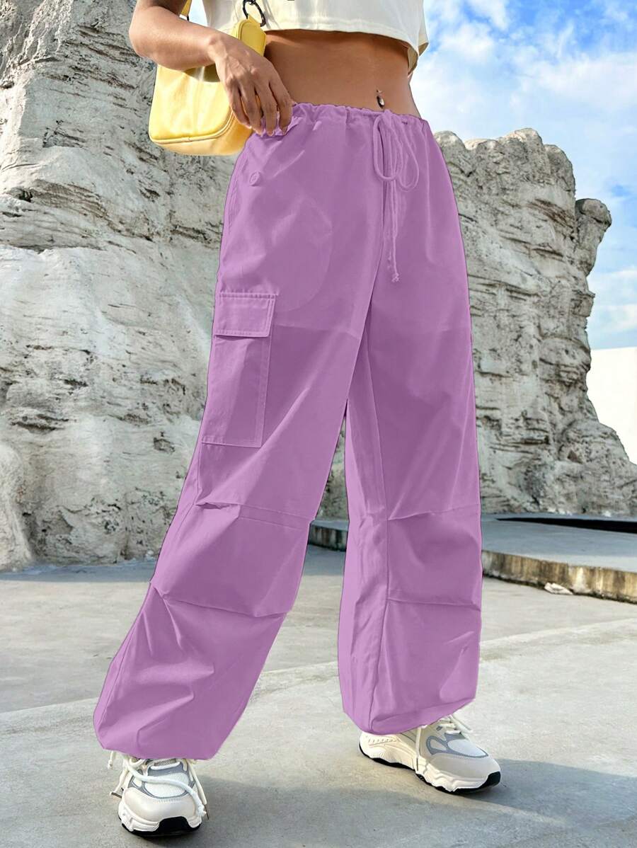 SHEIN EZwear Túi nắp bên cạnh Eo dây rút Quần Cargo - Màu tím - Xem 1