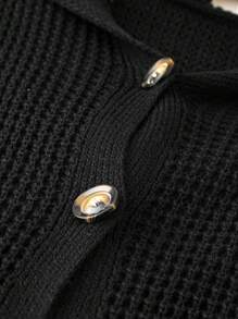 SHEIN LUNE 大碼前紐扣連帽開襟衫 - 黑色 - 查看 4