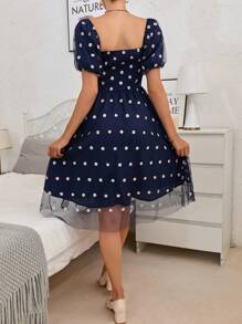 SHEIN Frenchy 印花網紗覆蓋洋裝 - 藏蓝色 - 查看 2