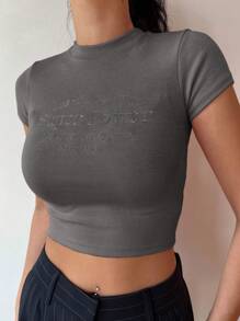 DAZY Letter Graphic Crop Tee - Dark Grey - View 1