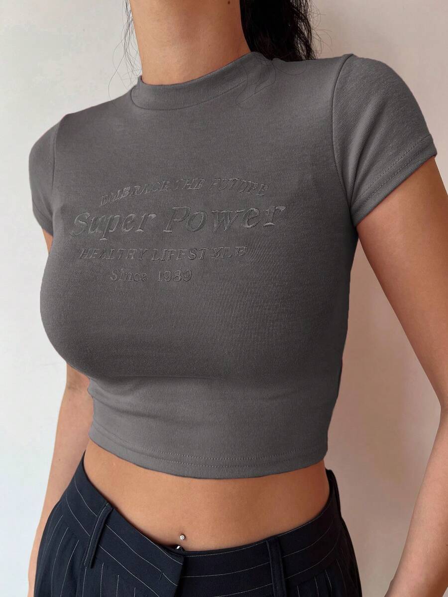 DAZY Letter Graphic Crop Tee - Dark Grey - View 1