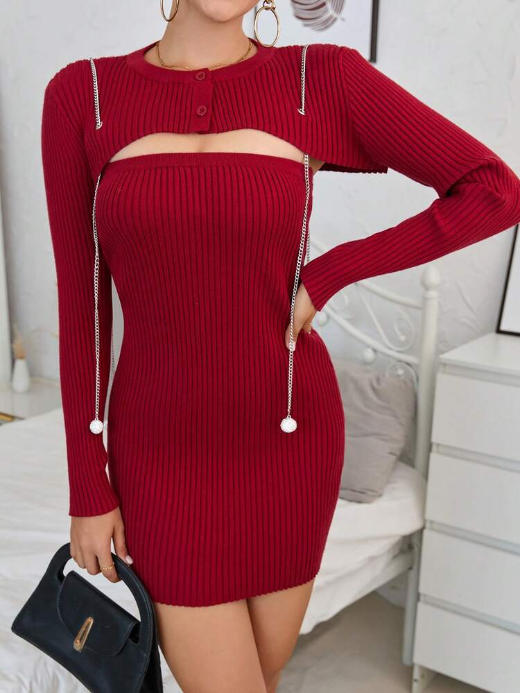 1pc Ribbed Knit Tube Sweater Dress & 1pc Super Crop Sweater Fall Cloth For Women